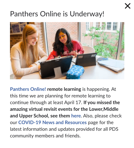 Princeton Day Schools Website displayed this announcement on its homepage the day the announcement was made. (Photo/PDS)